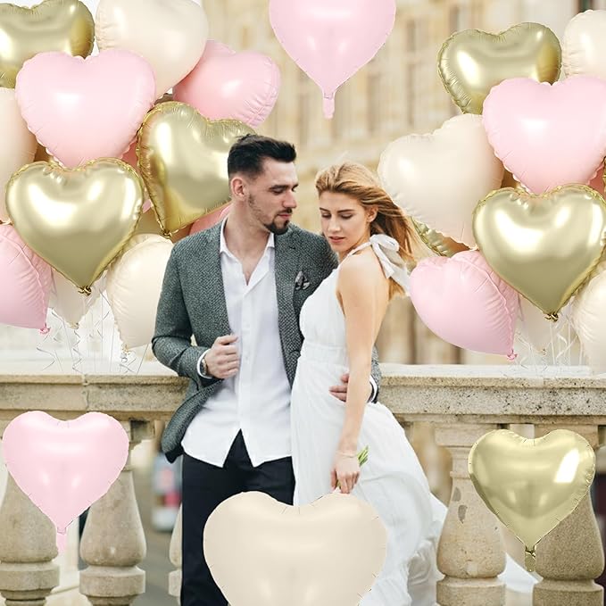 Baby Pink Gold Heart Balloons, 10 Pcs Light Gold Cream Heart Shaped Balloon, 18 Inch Light Pink Sand White Foil Balloons for Girls Women Brithday Bridal Baby Shower Wedding Valentines Party Decoration