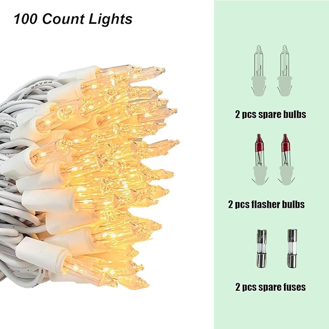 Christmas Lights 100 Counts, Indoor Outdoor,White Wire Connectable of Lighting String Warm White,Decorations for Holiday, Party,Festival,Christmas String Lights (White-Clear)