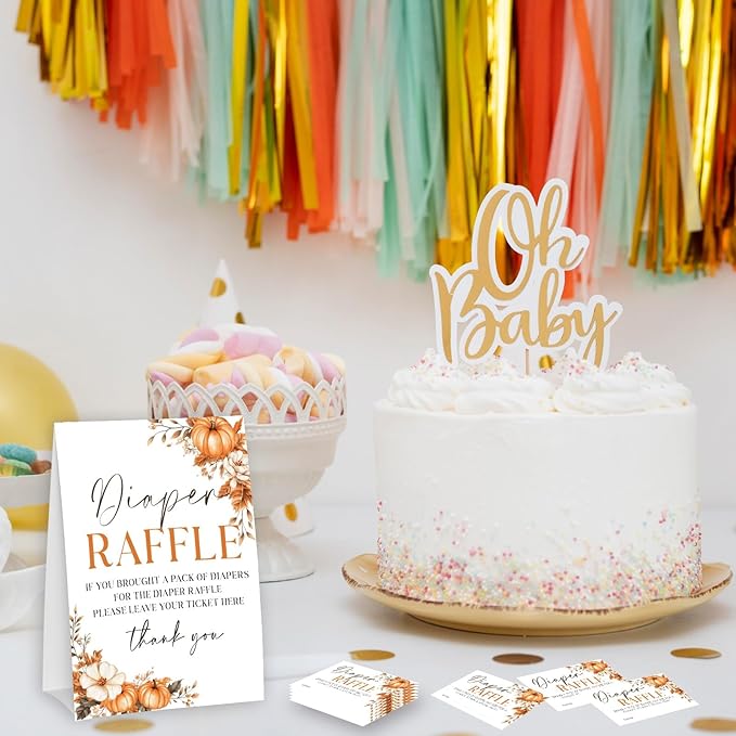 Autumn Pumpkin Diaper Raffle Tickets and Sign, Thanksgiving Baby Shower Card Set (1 Sign and 50 Cards), Fall Gender Reveal Party Favor Supplies -A04