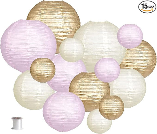 Paper Lanterns Decorative, Round Hanging Paper Lanterns Decorations for Wedding Engagement Baby Showers Birthday Party Supplies Pink/Gold/Ivory 15pcs
