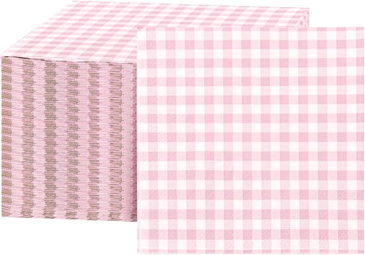 FLOWERCAT 100-Count 2-Ply Pink Checkered Cocktail Napkins Checkered - Pink Cocktail Napkins Disposable Premium Quality- 5“ x 5" Paper Napkins for Easter Party,Bar,Birthday,Mother's Day