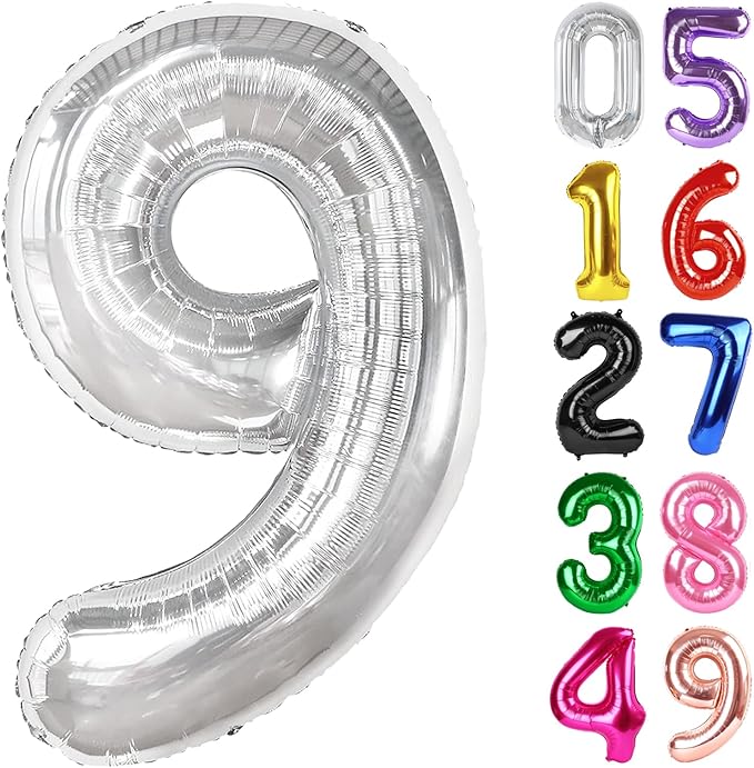 Silver Number 9 Balloon 40 Inch, 9th Birthday Party Decorations for Children, Giant 9 Foil Balloon for Party Supplies