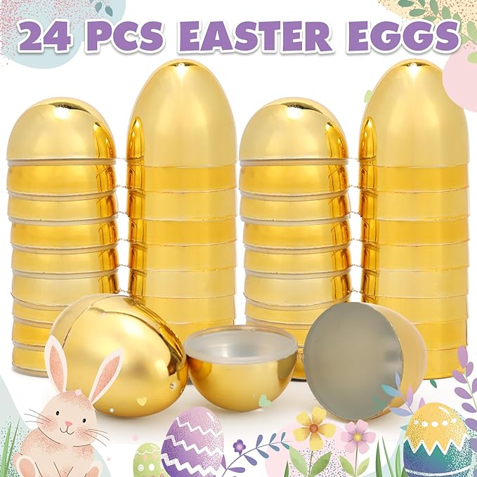 Skirfy 24PCS Golden Easter Eggs, Empty 3.15" Golden Eggs Bulk Fillable for Easter Hunt Party Favor Basket Stuffers Filler Classroom Prize Supplies Decor