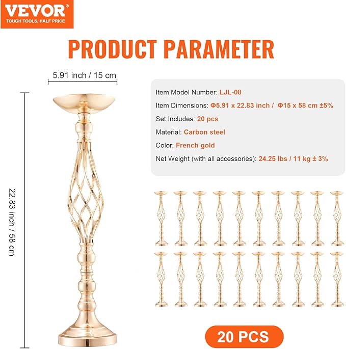 VEVOR Metal Wedding Centerpiece Gold,Candlestick,20PCS 58cm/22.83”