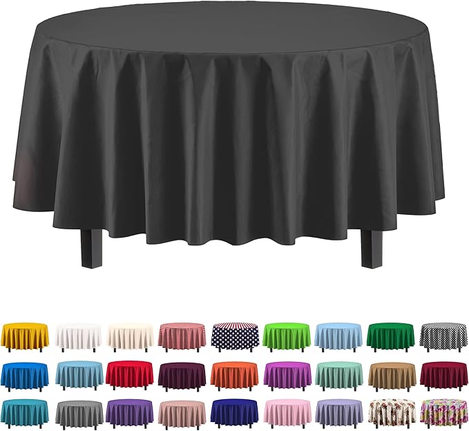 Party Solids 6-Pack Premium Plastic Tablecloth 84in. Round Plastic Table Cover - Black