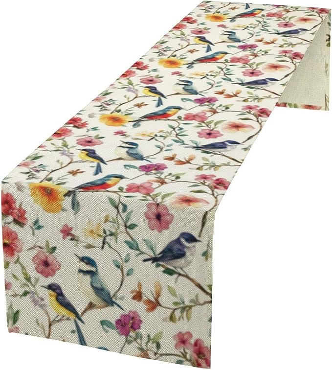 Summer Bird Floral Table Runner,Spring Birds Table Runner Burlap Table Decoration for Seasonal Home Kitchen Dining Dinner Indoor Holiday Farmhouse Decor 13x90 in