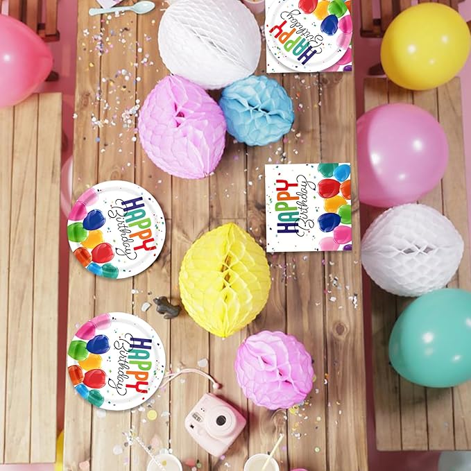 Happy Birthday Decorations Birthday Party Supplies Set with Birthday Balloon Confetti Design Includes Birthday Plates and Napkins Disposable Paper Tableware Set for Boys/Girls Party Supplies