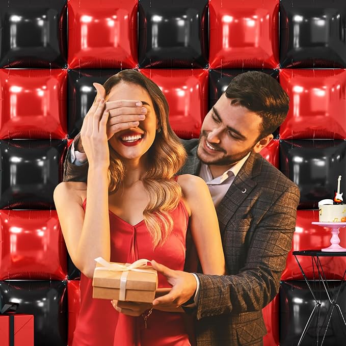 NISOCY 25PCS Red Black Square Foil Balloons Wall Backdrop Double Sided Red Black Balloons Arch Kit for Birthday Valentine's Day Halloween Graduation Wedding Anniversary Party Decorations