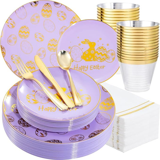 Festiva 175Pcs Easter Plates and Napkins Disposable - Purple and Gold Plastic Dinnerware Set for 50 guests include 50 Plates 25Cups 25Plastic Silverware 25Napkins Perfect for Easter Party