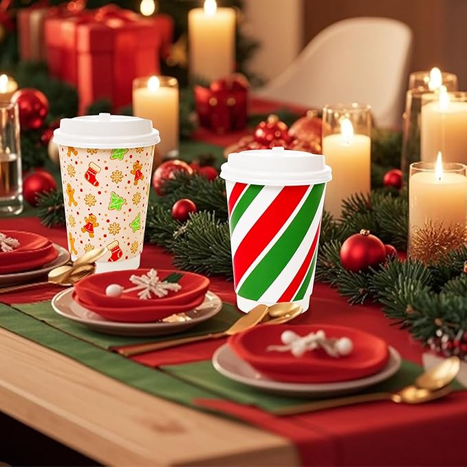 100 Sets Snowflake Gingerbread Man Christmas Tree Candy Disposable Coffee Cups with Dome Straws Sleeves 12 oz Paper Cups Sleeves Stir Straws Plastic Lids for Xmas Dinner Party Drinks Supplies