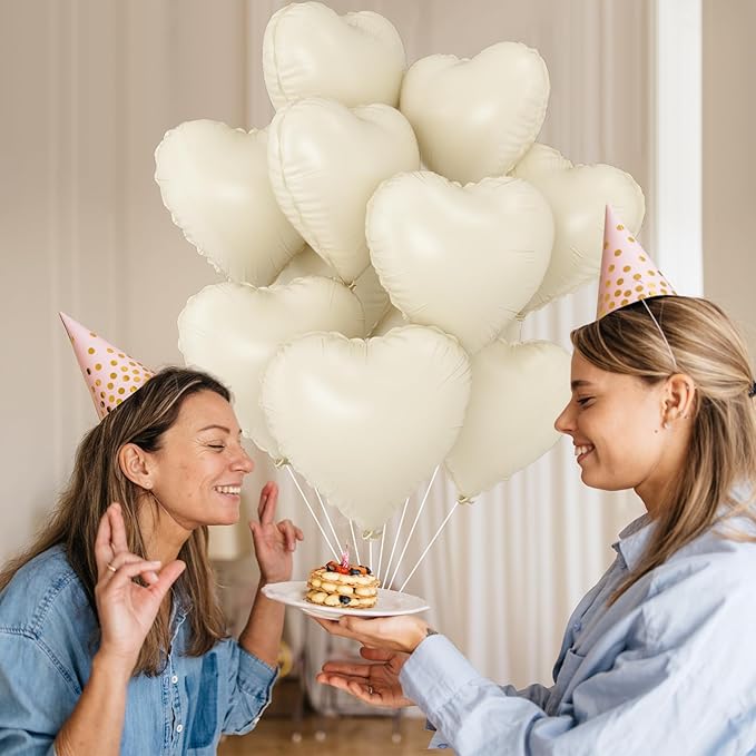 White Heart Balloons,10Pcs Cream White Foil Heart Shaped Balloons,18Inch Beige Helium Polyester Film Balloon for Valentines Engagement Birthday Baby Shower Wedding Party Decorations