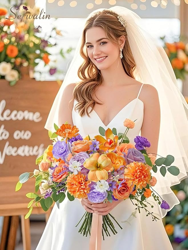 Serwalin Artificial Orange & Purple Flowers, Silk Fake Flowers Stems for Wedding Bouquets DIY, Baby Shower Centerpieces, Cake Decor, Birthday Party & Home Decor