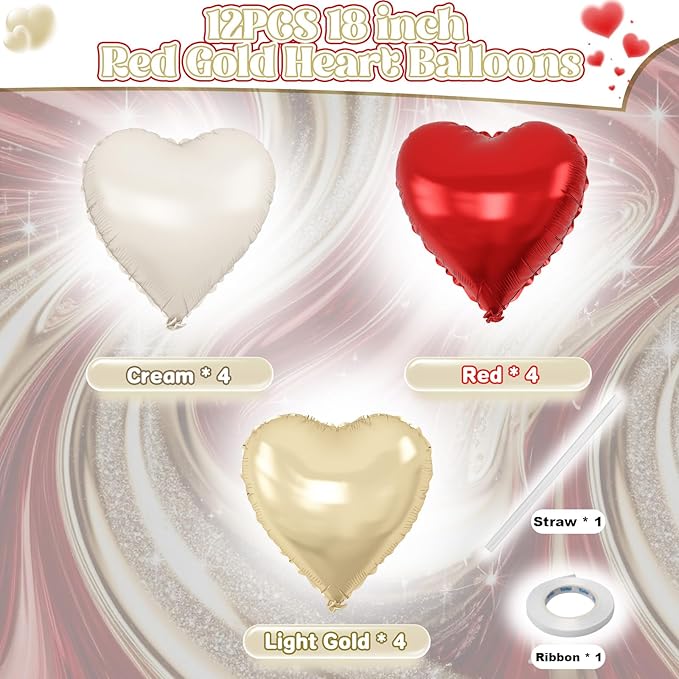 Red Gold Heart Balloons Foil, 12Pcs 18 Inch Metallic Red Gold Cream Beige Heart Shape Foil Balloon for Girls Women Birthdays Wedding Baby Shower Valentines Mother's Day Xmas Christmas Party Decor