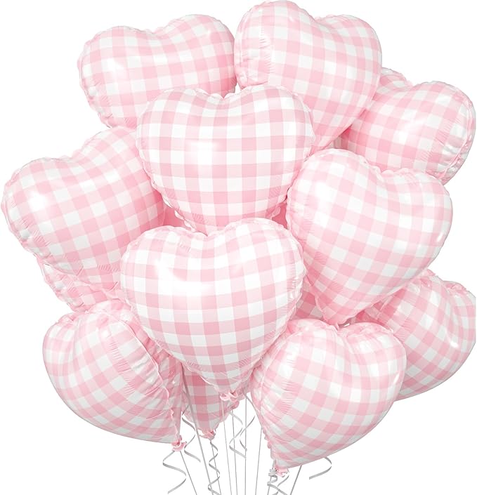 Pink White Checkered Heart Balloons, 10 Pcs Light Pink Grid Heart Shape Balloon, 18 Inch Lattice Foil Valentines Balloons for Kids Girls Birthday Wedding Valentines Bridal Baby Shower Party Decoration
