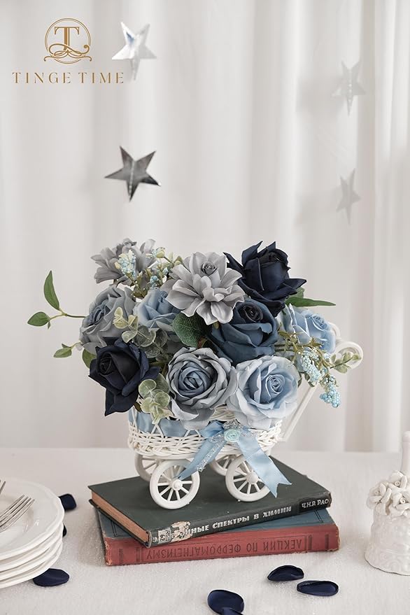 TINGE TIME Artificial Flowers, 25pcs Real Looking Gradient Blue Rose Fake Roses w/Stem for DIY Wedding Bouquets Centerpieces Arrangements Party Baby Shower Home Decorations