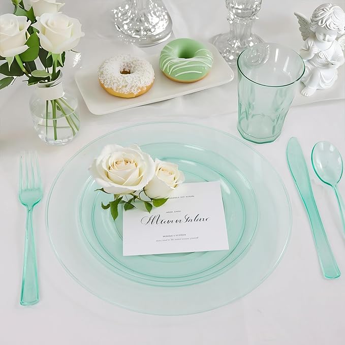 WDF 180 Pieces Green Plastic Silverware Disposable - Clear Green Cutlery Sets 60 Forks, 60 Knives and 60 Spoons - Heavy Duty Plastic Utensils for Party, Summner