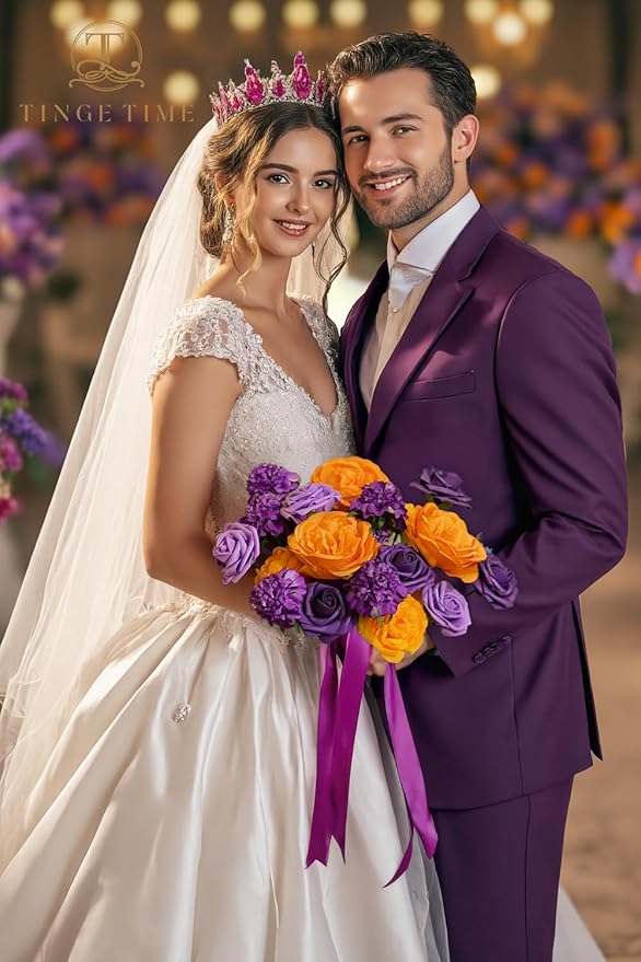 TINGE TIME Rose Artificial Flowers Combo, Gradient Color Faux Foam Roses with Stems for DIY Wedding Bridal Shower Party Table Centerpieces Fake Floral Arrangement Home Decor(Burnt Orange and Purple)