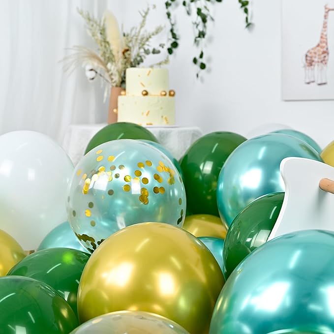 Metallic Green Gold Balloons, 60 Packs 12 Inch Dark Green White Gold Latex Balloons with Ribbons for Wedding, Anniversary, Birthday, Baby Shower, Jungle Sarfari Party