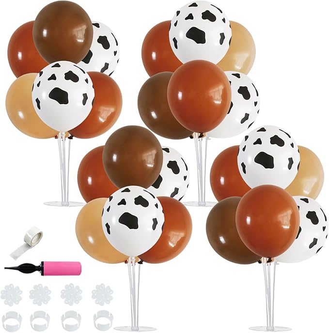 TONIFUL 4 Set Western Balloon,Brown Nude Cow Print Latex Cowboy Balloon Stand Centerpiece Table Decorations for Farm Cowboy Western Baby Shower Birthday Party Decorations