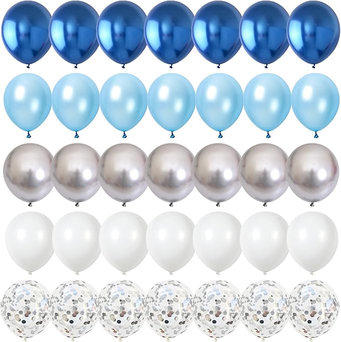 Blue and Silver Balloons, 12 Inch Metallic Blue Silver White Balloons Set, Pearl Light Blue Aqua Baby Blue Silver Confetti Latex Balloons for Boys Birthday Baby Shower Christening Party Decorations