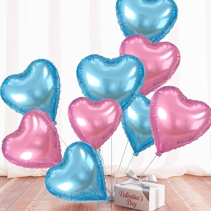 Blue Pink Heart Balloons, Heart Shaped Balloons, 20 Pcs 5/10/18 inch Different Sizes Light Pink Blue Foil Love Balloon for Birthday Gender Reveal Baby Shower Decorations Wedding Engagement