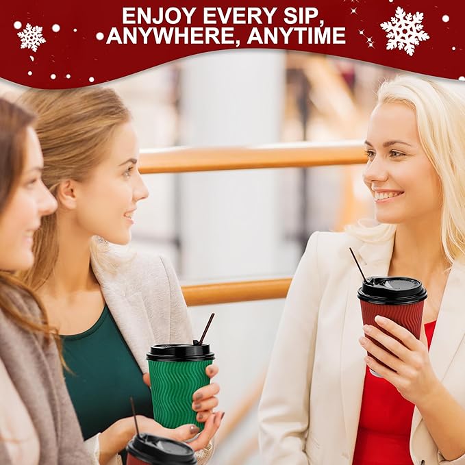 60 Pack 12 Oz Christmas Paper Coffee Cups with Black Lids Disposable Insulated Corrugated Ripple Wall Cup for Hot or Cold Drinks Office Home Travel Party Supplies