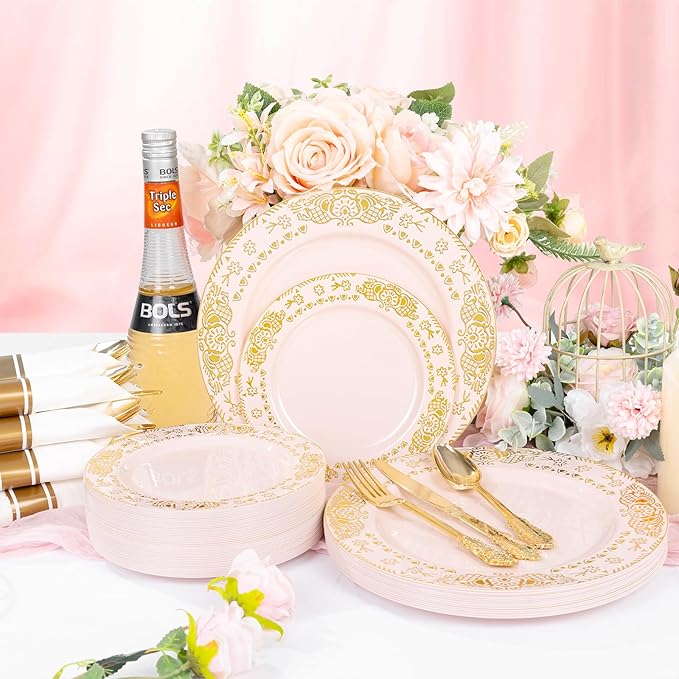 GATHER 350PCS Pink and Gold Plastic Plates - Gold Disposable Dinnerware Set Include 50 Dinner Plates, 50 Dessert Plates, 150 Plastic Silverware, 50 Napkins, 50 Cups for Party & Wedding