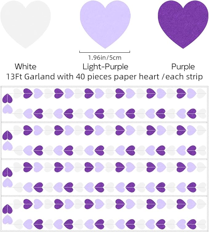 Purple White Birthday Party Decorations – 52Ft Paper Streamers Heart Garland Banner Galentines Valentines Day Girl Baby Shower Women Bridal Wedding Engagement Bachelorette Graduation Hanging Decor