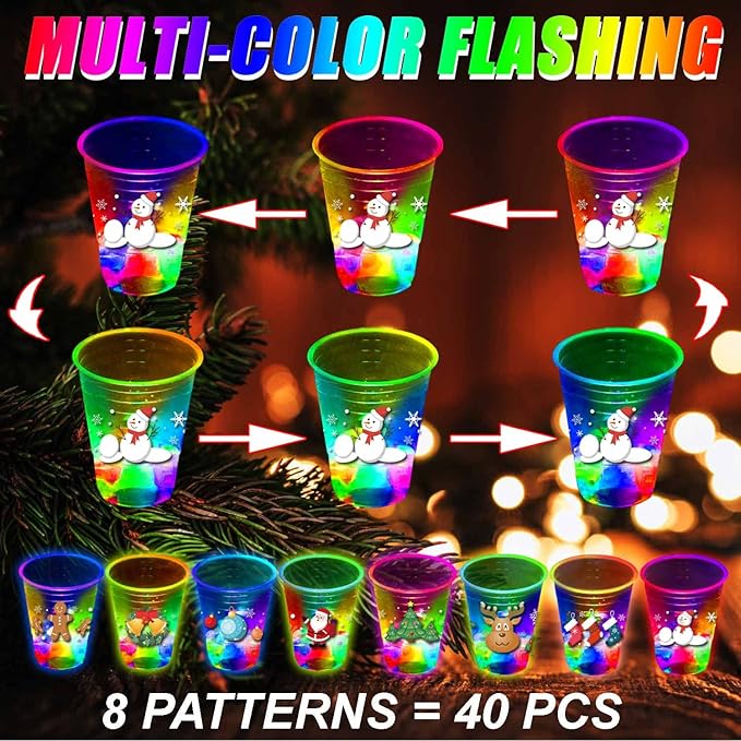 mishunyus 40 Pcs Christmas Party Cups, Glow Christmas Flashing Theme Cups, for Holiday Party Supplies, for Nighttime Fun, BBQ, Christmas Decor, with 8 pattern