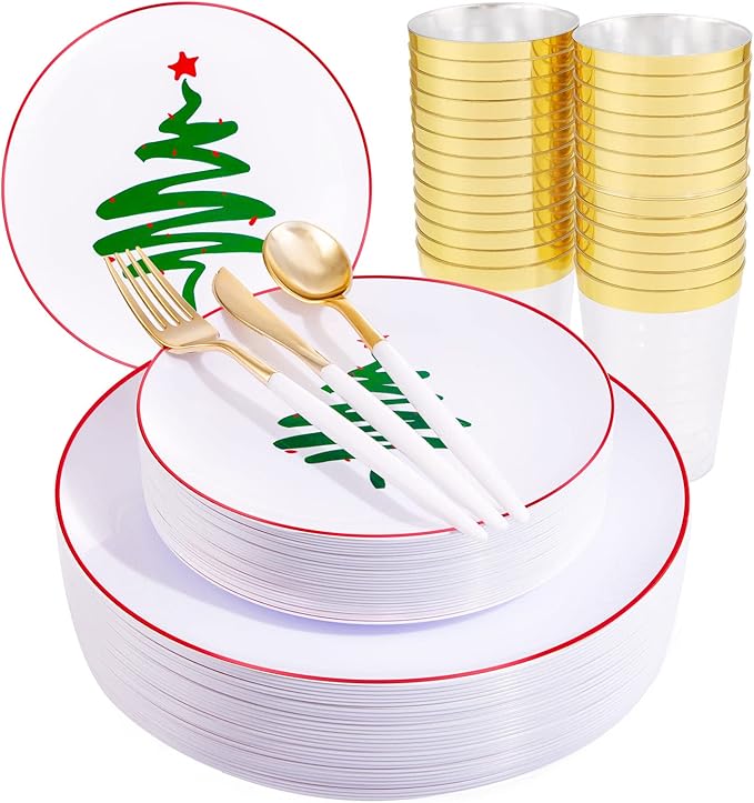 Supernal Christmas Plastic Plates, Gold Plastic Cutlery – 180pcs Elegant Disposable Dinnerware with White-Gold Knives/Forks/Spoons, GoldRim Clear Tumblers, Premium Christmas Tableware for 30 Guests
