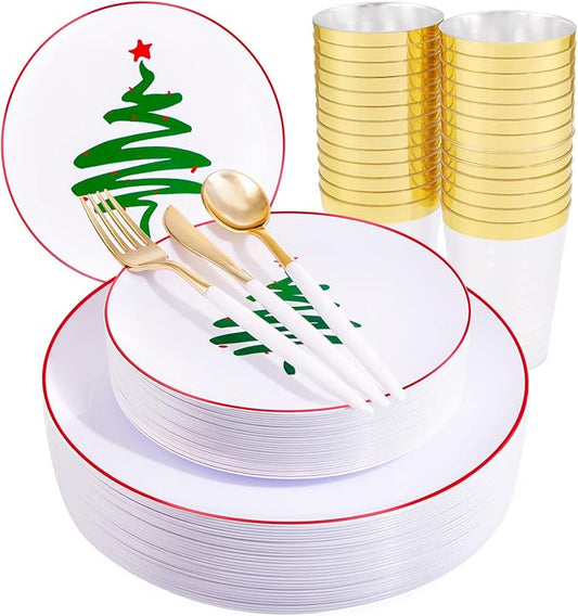 Supernal Christmas Plastic Plates, Gold Plastic Cutlery – 180pcs Elegant Disposable Dinnerware with White-Gold Knives/Forks/Spoons, GoldRim Clear Tumblers, Premium Christmas Tableware for 30 Guests