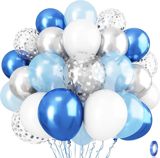 Blue and Silver Balloons, 12 Inch Metallic Blue Silver White Balloons Set, Pearl Light Blue Aqua Baby Blue Silver Confetti Latex Balloons for Boys Birthday Baby Shower Christening Party Decorations
