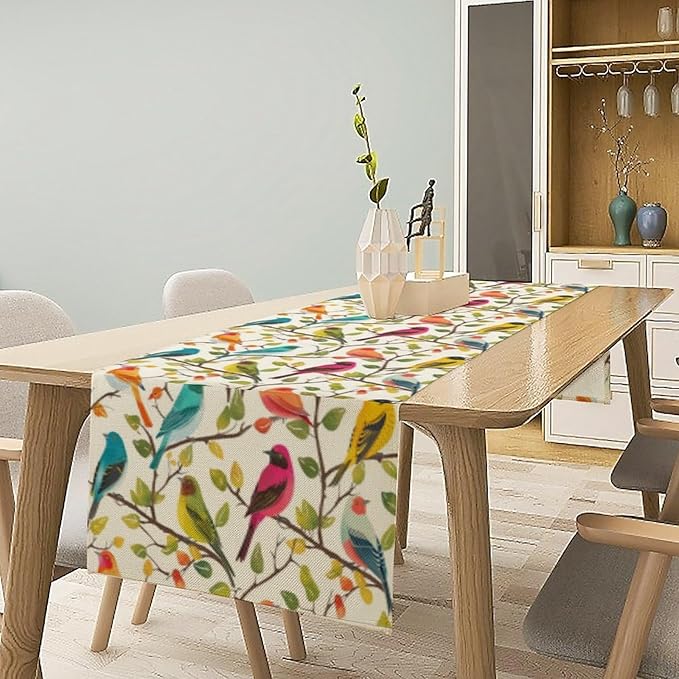 Spring Bird Floral Table Runner,Birds Table Runner Burlap Table Decoration for Seasonal Home Kitchen Dining Dinner Indoor Holiday Farmhouse Decor 13x36 Inch