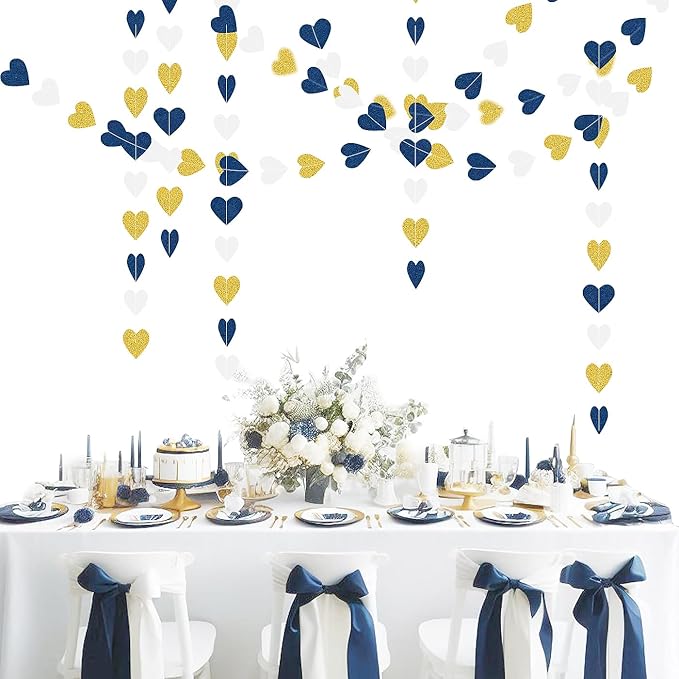 Navy-Blue White Gold Party Decorations - 52ft Paper Heart Garland Men Birthday Banner Graduation Decoration Wedding Streamers Bridal Boy Baby Shower Hanging Decor HongTongTong