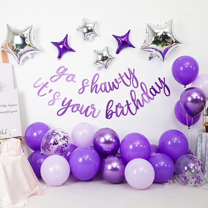 Purple Go Shawty It's Your Birthday Banner Balloons Set, Glitter Happy Birthday Banner with Purple Silver Confetti Balloon Star Foil Balloon for Girls Women Hip Hop Rap Theme Birthday Party Decoration