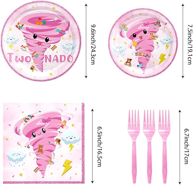 132PCS Pink Tornado Party Supplies Birthday Decorations for Girls Tornado 2nd Disposable Plates Napkins Set, Banner, Hanging Swirls, Tablecloth, Cake Topper, Balloon,Tornado 2nd 2 Year Old Baby Shower