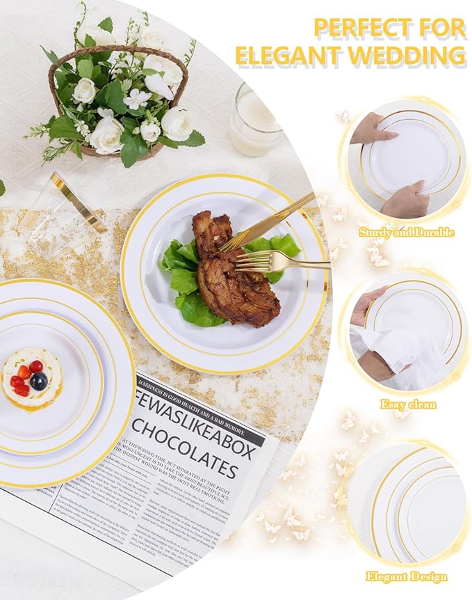 GATHER 700PCS Gold Plastic Plates - Whtie and Gold Disposable Dinnerware Sets 100Guest - 200 Disposable Plate, 300 Plastic Silverware, 100 Cups, 100 Napkins for Wedding & Party & Christmas