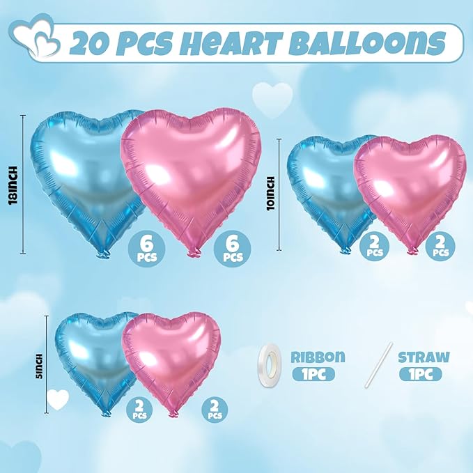 Blue Pink Heart Balloons, Heart Shaped Balloons, 20 Pcs 5/10/18 inch Different Sizes Light Pink Blue Foil Love Balloon for Birthday Gender Reveal Baby Shower Decorations Wedding Engagement