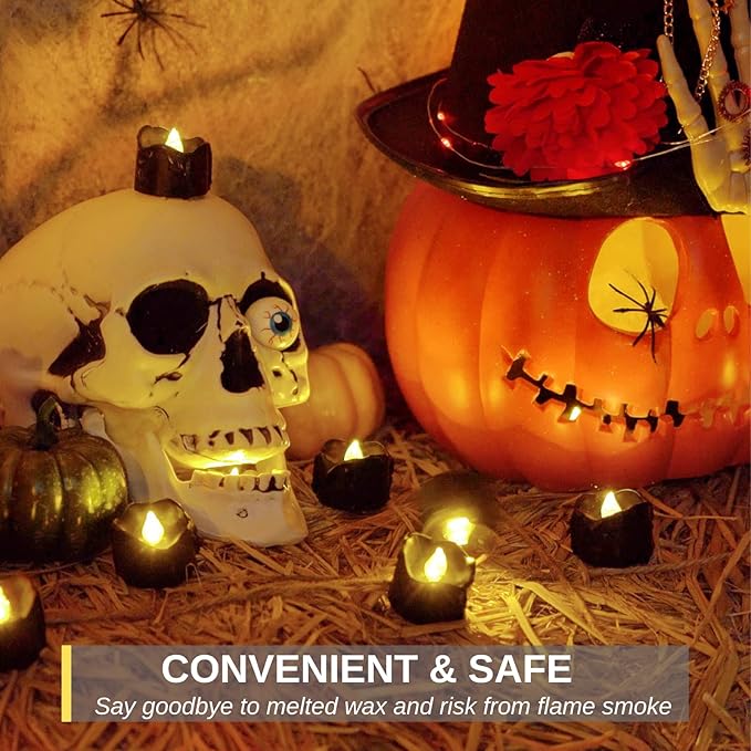 Homemory 24-Pack Halloween Black Dripping Flameless Tea Lights, Battery Operated Flickering LED Candles, Safe for Pumpkins, Party & Holiday Decor, 1.58" D x 1.2" H, Warm White Glow