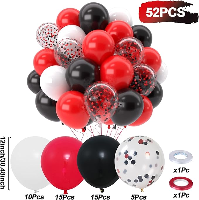 Patimate Red Black Balloons Set, 50 pcs 12 inch Black Red White Confetti Latex Balloons Kit for Graduation Birthday Wedding Baby Shower Retirement Party Decorations