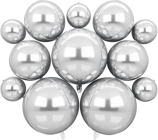 12PCS Silver Foil Balloons 22in 15in 10in Different Sizes Large Silver Foil Metallic Balloons 4D Round Chrome Balloon for Graduation New Year Birthday Party Decorations