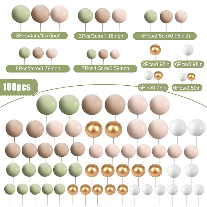 108 Pcs Balls Cake Topper DIY Cupcake Insert Foam Balloons for Cake Baking Wedding Anniversary Birthday Decoration(Matcha Green, Light Brown, Khaki,Multi Sizes)