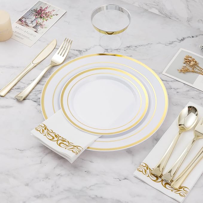 BESTVIP 175 PCS Gold Dinnerware Set for 25 Guests, Plastic Dinnerware Set for Party, Wedding, Christmas, Halloween, Include: 50 Plastic Plates, 25 Gold Silverware, 25 Cups, 25 Paper Napkins