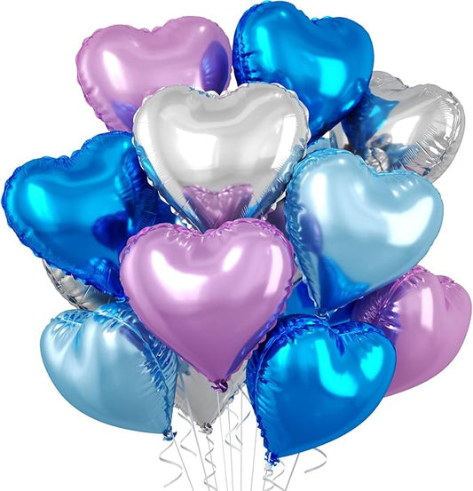 Blue Purple Silver Heart Balloons, 10 Pcs 18 Inch Metallic Purple Blue Heart Shape Foil Balloon for Kids Girls Ice Princess Wonderland Frozen Birthday Wedding Valentines Baby Shower Party Decorations