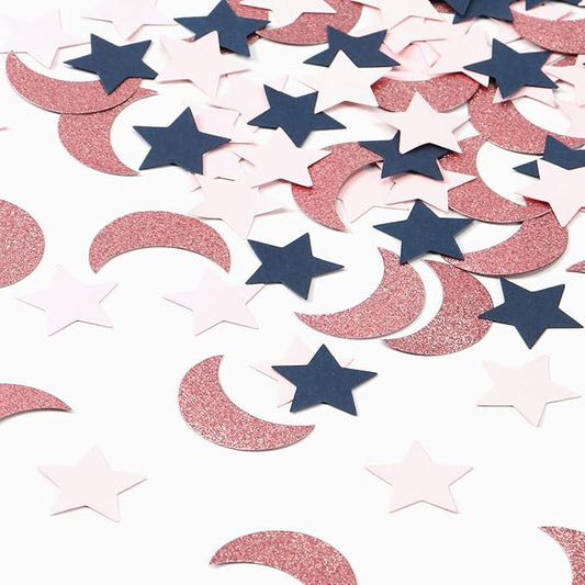 Navy-Blue Pink Rose-Gold Moon-Star Confetti - 300pcs Glitter Twinkle Little Star Table Confetti Eid Ramadan Mubarak Decoration Gender Reveal Birthday Wedding Baby Shower Party Decor Lasting Surprise