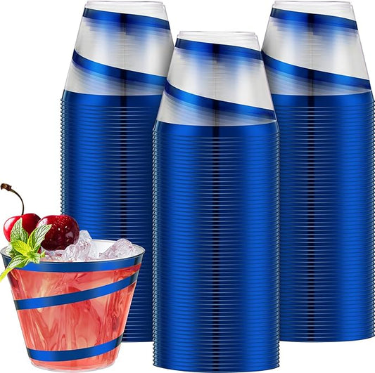 Gejoy 9 oz Rimmed Swirl Plastic Cups Disposable Wine Drinking Cups Clear Elegant Halloween Tumblers for Christmas Party Supplies(Blue,50 Pcs)