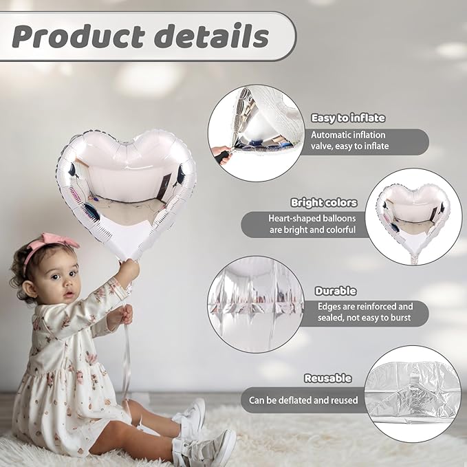 Silver Heart Balloons, Heart Shaped Ballons, 20 Pcs 5/10/18 inch Silver Foil Love Balloons for Valentine's Day Decorations Wedding Engagement Bridal Showers Anniversary Celebrations