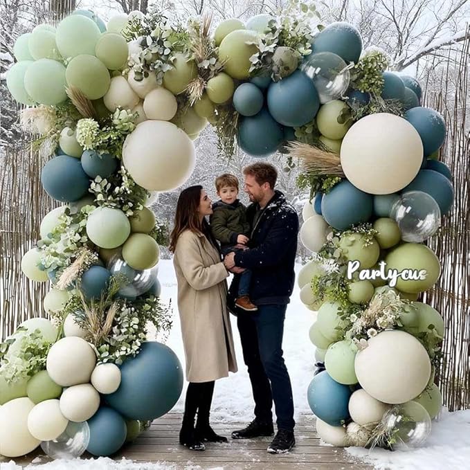 Blue Green Balloon Arch Kit Double Stuffed, Dusty Mint Green Slate Blue White Pastel Olive Balloon Garland with Clear Bobo for Neutral Baby Shower Bridal Wedding Birthday Winter Party Decoration