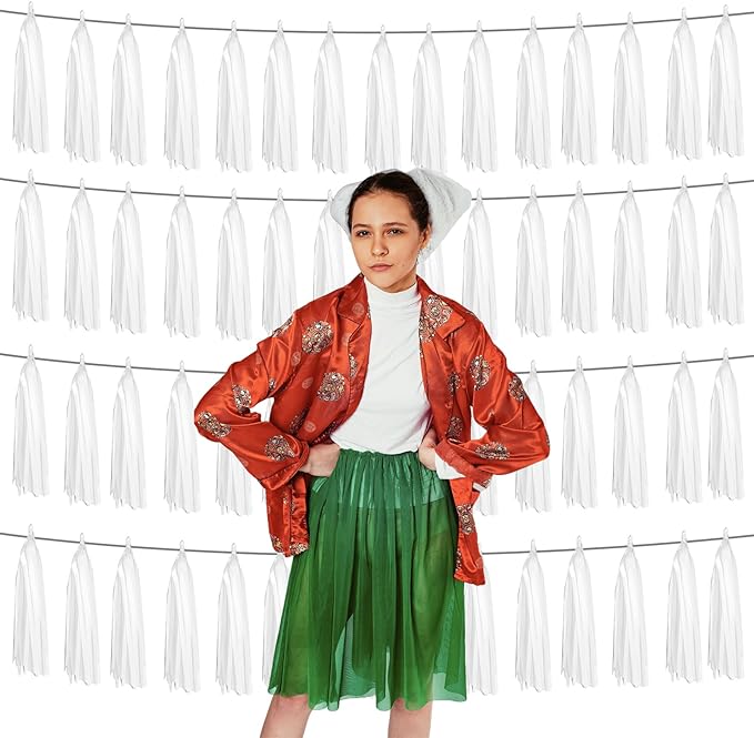 4P White Foil Fringe Metallic Tassel Streamers Banner Tassel Garland for Parade Floats, Graduation, Wedding, Birthday, Halloween, Christmas, Bridal/Baby Shower Party Decorations