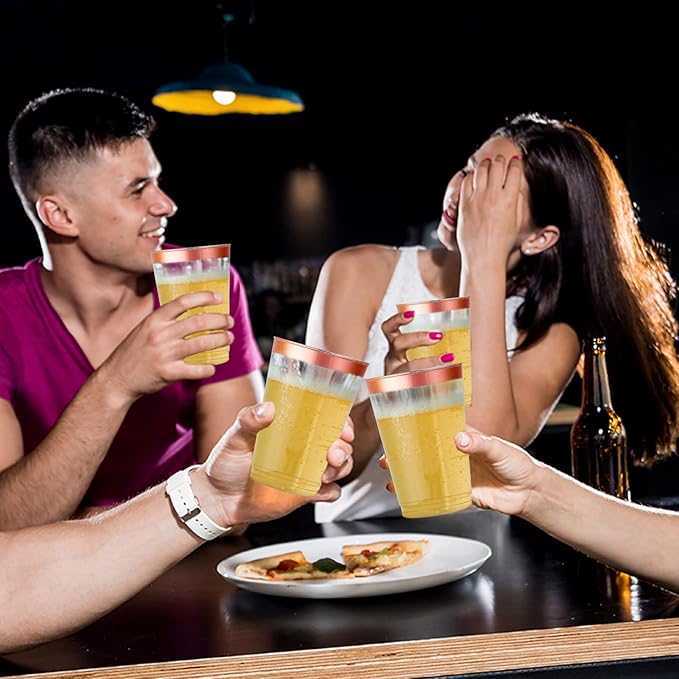 Vplus 150 Pack 12 OZ Reusable Rose Gold Rimmed Clear Plastic Cups, Disposable Heavy Duty Plastic Cups for Party, Christmas, Wedding, Thanksgiving, Halloween